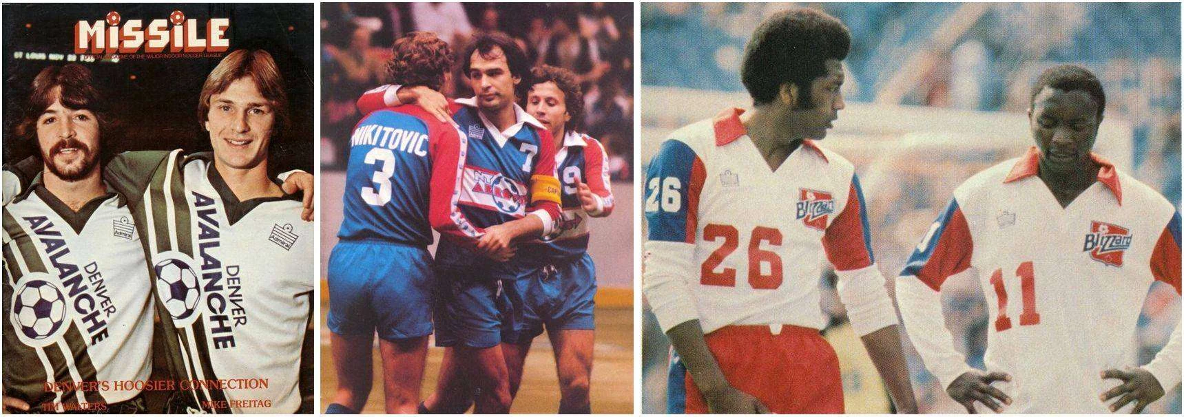 Archive collage of Admiral-clad Major Indoor Soccer League players from Denver, Minnesota and Wichita